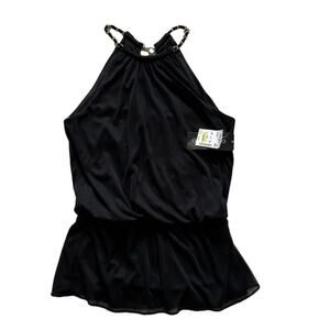 Coco Bianco Halter Top Black Gold Chain Neckline Sleeveless Blouse Small NEW